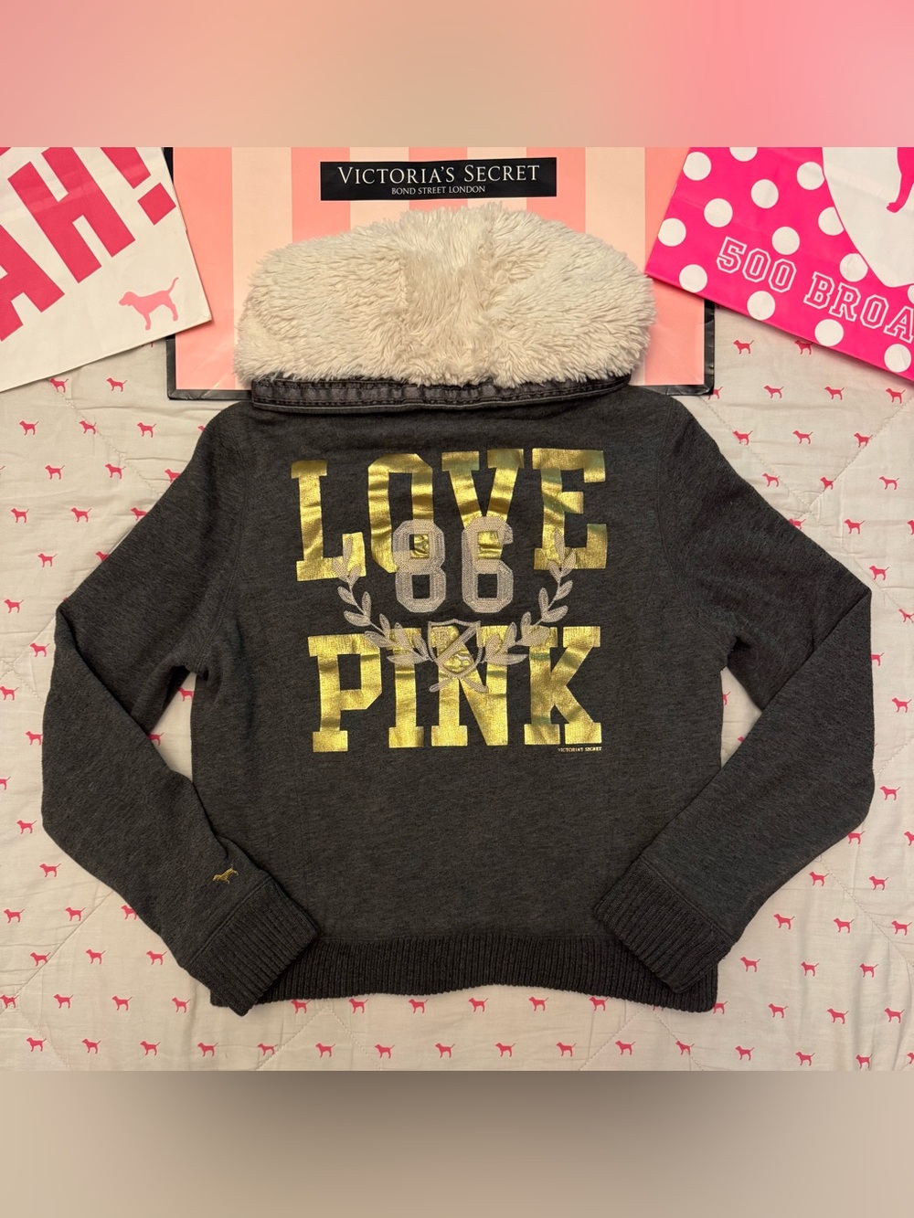 VS PINK VINTAGE Y2K FUR LINED HOODIE BOMBER JACKET GRAY GOLD LOVE 86 LOGO HTF M